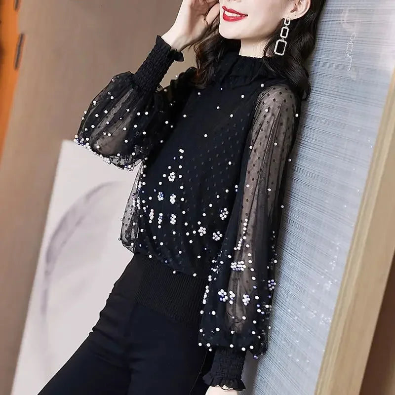 Blouse Women Chiffon Shirt Loose  Women's Clothing Bead