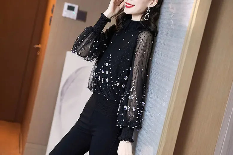 Blouse Women Chiffon Shirt Loose  Women's Clothing Bead