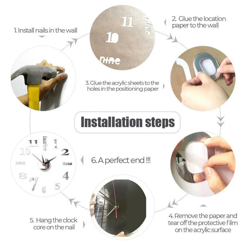 3D Wall Clocks Luminous DIY Acrylic Mirror Wall Stickers for Home