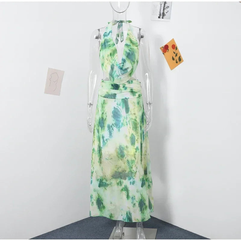 Women Chic Chiffon Print Halter Tops Long Skirt 2 Pieces Suits