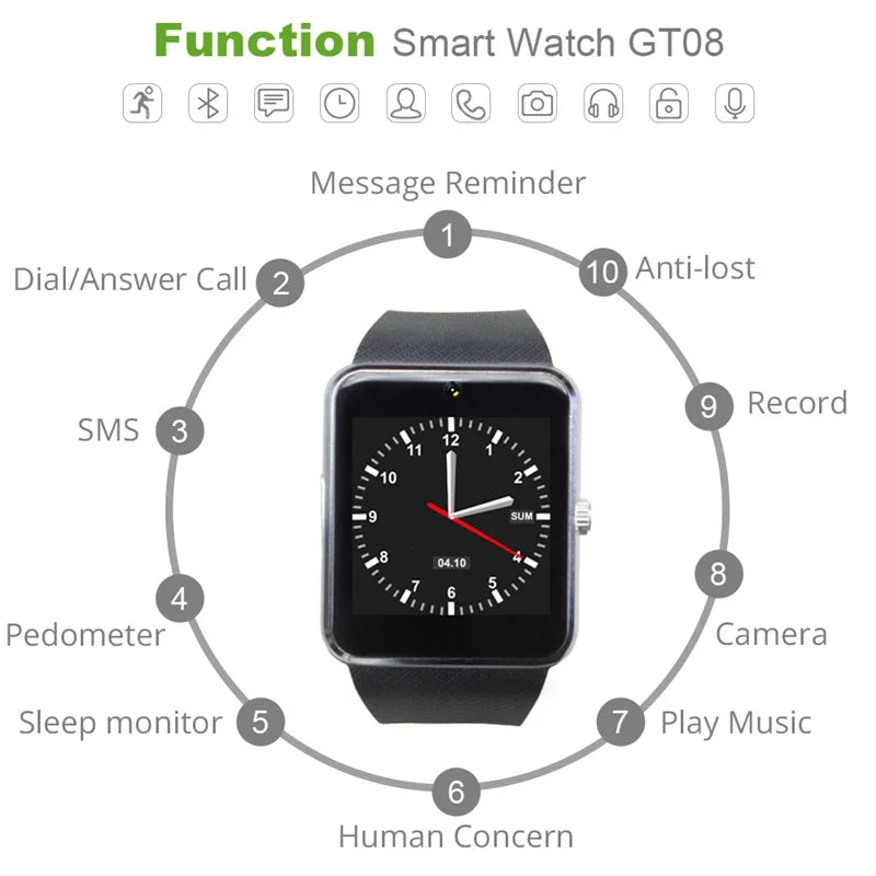 Smart Watches GT08 Clock Sync Notifier Support Sim TF Card