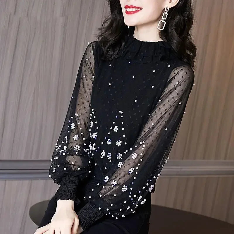 Blouse Women Chiffon Shirt Loose  Women's Clothing Bead