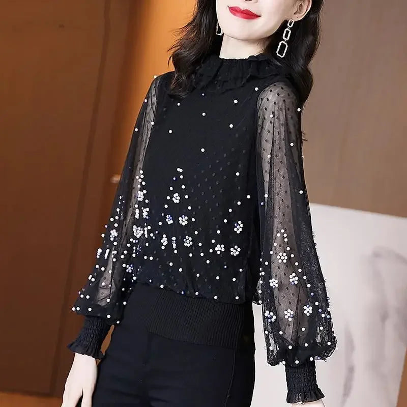 Blouse Women Chiffon Shirt Loose  Women's Clothing Bead