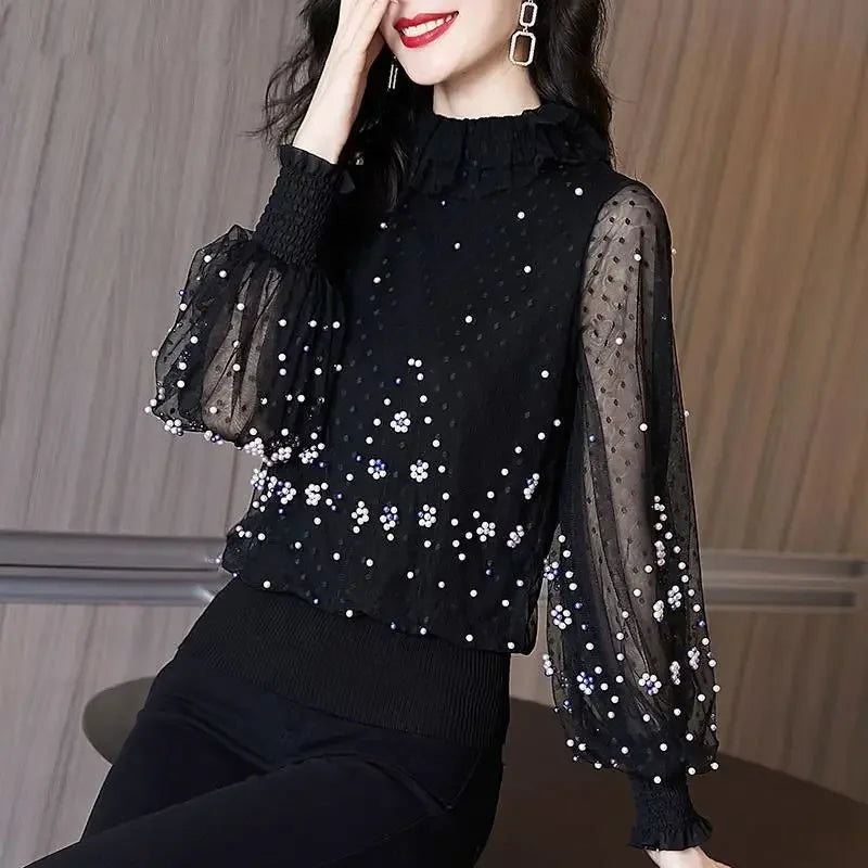 Blouse Women Chiffon Shirt Loose  Women's Clothing Bead