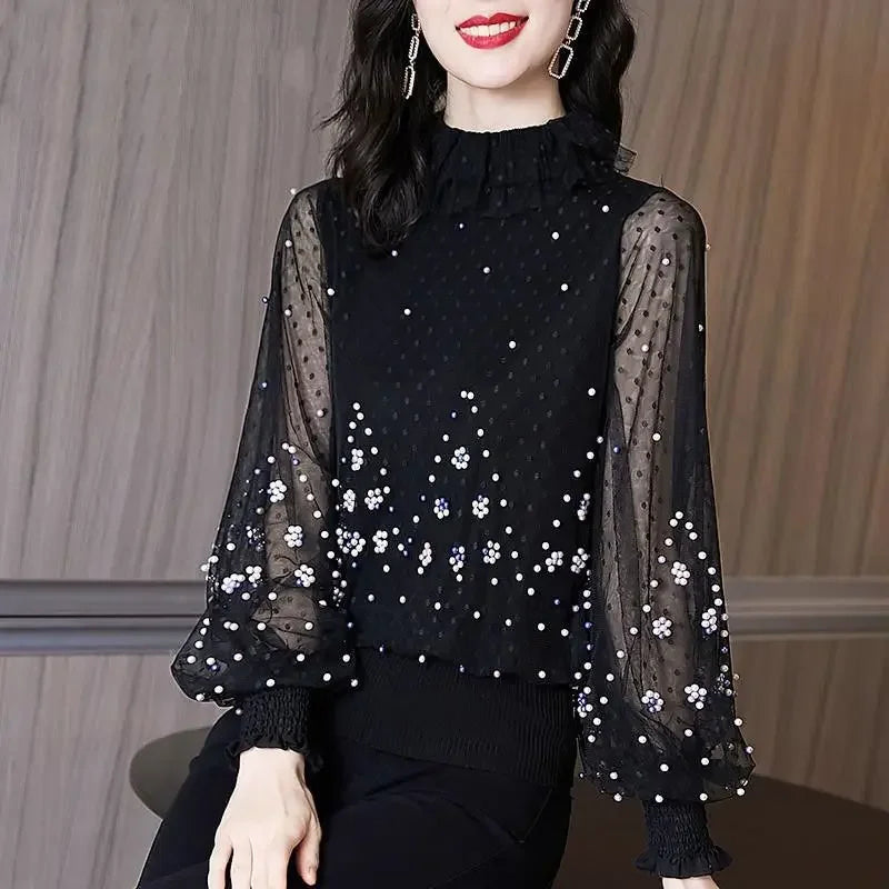 Blouse Women Chiffon Shirt Loose  Women's Clothing Bead