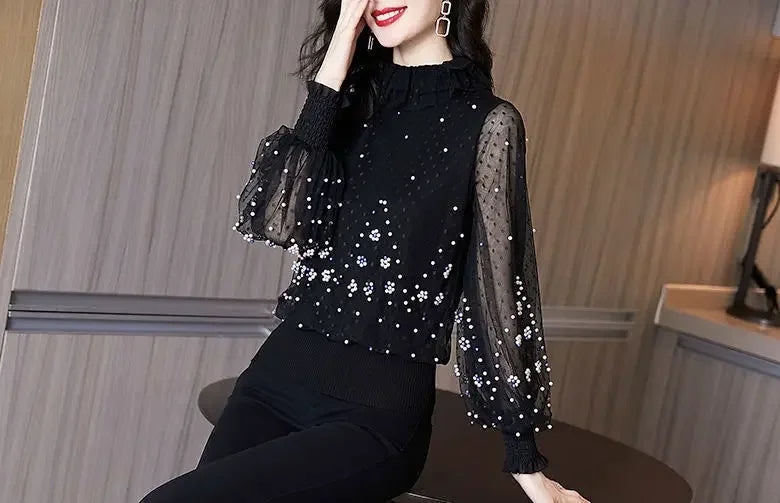 Blouse Women Chiffon Shirt Loose  Women's Clothing Bead