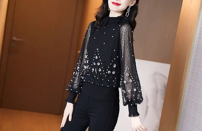 Blouse Women Chiffon Shirt Loose  Women's Clothing Bead